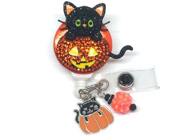 Black Cat Pumpkin Rhinestone Retractable Badge Reel, Halloween Bling ID Holder