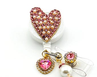 Pink Strass Herz einziehbare Badge Reel - Perlenakzent, Krankenschwester, Lehrer Bling ID Inhaber