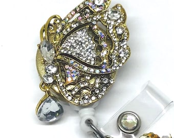 Bobine de badge rétractable papillon strass AB, support pour carte d'identité bling