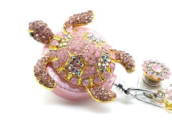 Intrekbare badgehaspel roze schildpad schildpad: bling ID-houder