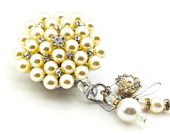 Pearls-Silver Rhinestone Retractable Badge Reel, Bling ID Holder