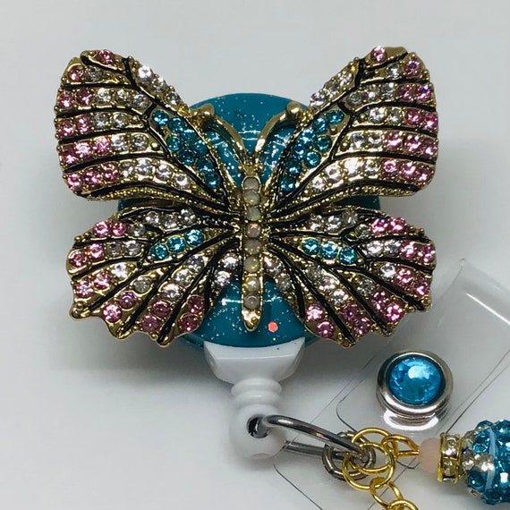 Pink-Clear-Teal Butterfly; Retractable Badge Holder Nurse, Retractable Reel, ID Badge Reel, ID Badge Clip, Badge Lanyard, Bling Badge Reel