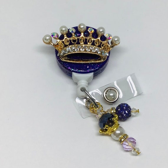 Pearl Rhinestone Crown Retractable Badge Holder Nurse, Retractable