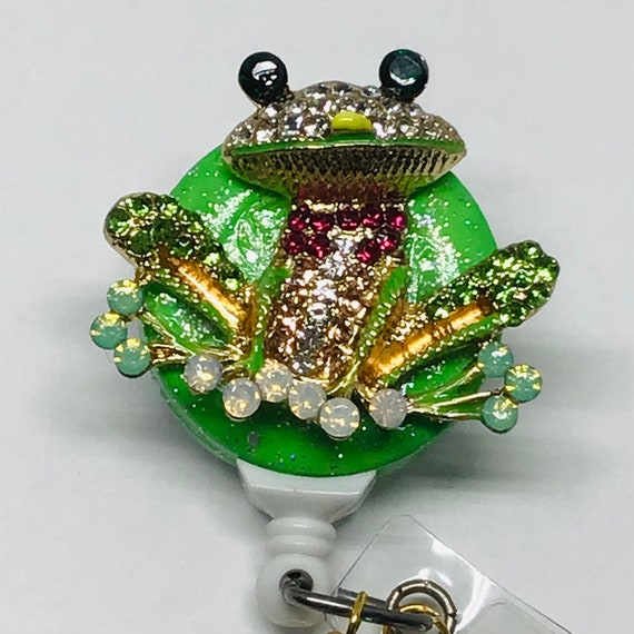 Gold-Green-Pink Rhinestone Frog; Retractable Badge Holder Nurse Retractable Reel, ID Badge Reel ID Badge Clip Badge Lanyard Bling Badge Reel