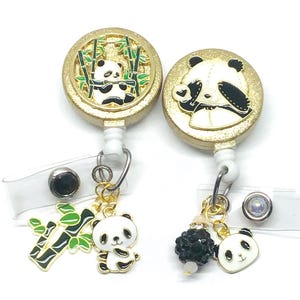 Portabadge retrattile a forma di panda: glitter dorati, ciondoli a forma di panda