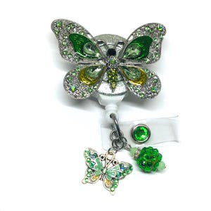 Carrete retráctil para credencial con mariposa de diamantes de imitación verdes: enfermera, maestra, cordón con filigrana plateada brillante