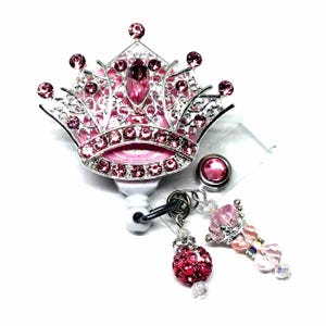 Pink Rhinestone Crown Retractable Badge Holder Nurse Retractable Reel ID Badge Reel Badge Buddy ID Badge Clip Badge Lanyard Bling Badge Reel