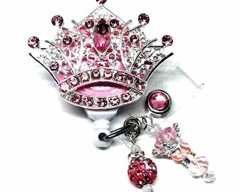 Pink Rhinestone Crown Retractable Badge Holder Nurse Retractable Reel ID Badge Reel Badge Buddy ID Badge Clip Badge Lanyard Bling Badge Reel