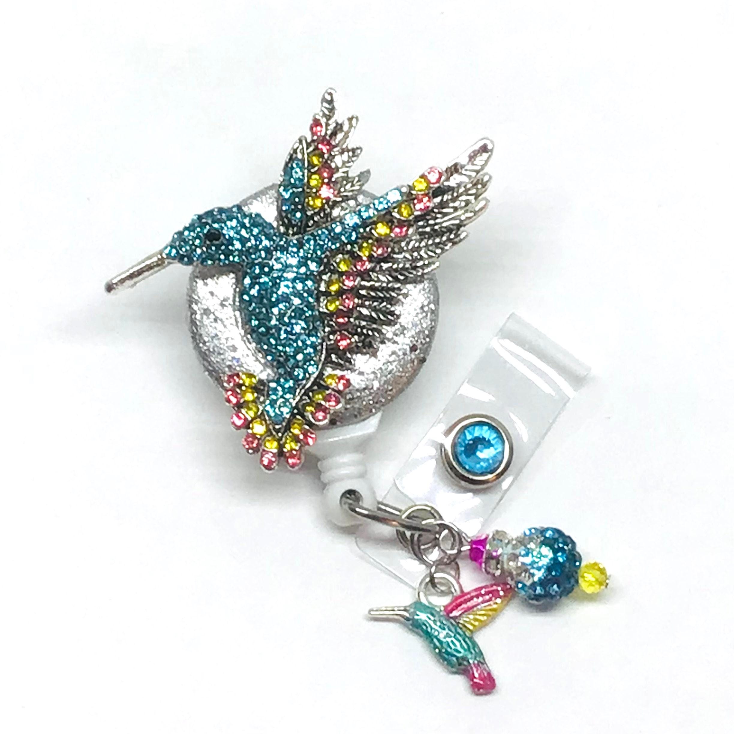 Hummingbird-Teal Pink; Retractable Badge Holder Nurse Retractable Reel ID Badge Reel Badge ID Badge Clip Badge Lanyard Bling Badge Reel