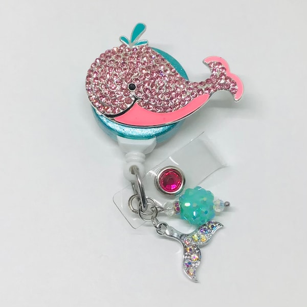 Pink Whale, Beach Retractable Badge Holder Nurse Retractable Reel ID Badge Reel Badge Buddy ID Badge Clip Badge Lanyard Bling Badge Reel