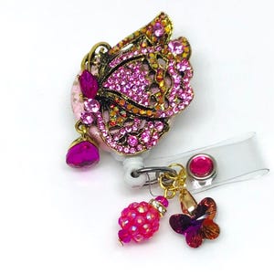 Pink Rhinestone Butterfly, Retractable Badge Holder Nurse, Retractable Reel, ID Badge Reel, ID Badge Clip, Badge Lanyard, Bling Badge Reel