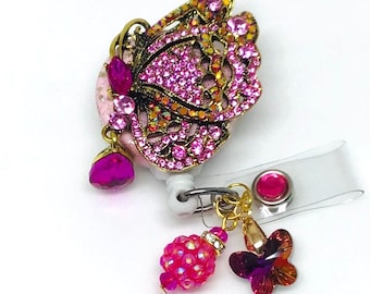 Bobine de badge rétractable papillon strass rose, porte-badge bling
