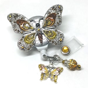 Schmetterling in Gelb / Gold / Silber, einziehbarer Ausweishalter Krankenschwester, einziehbare Rolle, Ausweisrolle, Ausweishalter