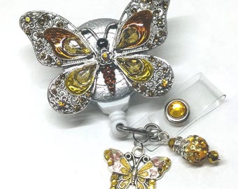 Bobine de badge rétractable papillon strass, porte-carte d'identité Bling infirmière enseignant