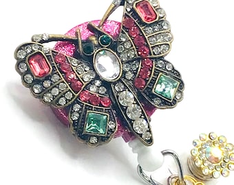 Bobine de badge rétractable papillon strass, support d'identification bling