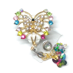 Rainbow Rhinestone Butterfly Retractable Badge Holder Nurse Retractable Reel ID Badge Reel ID Badge Clip Badge Lanyard Bling Badge Reel
