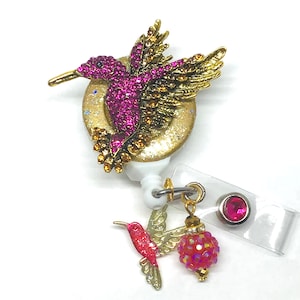 Hummingbird-Pink Gold; Retractable Badge Holder Nurse Retractable Reel ID Badge Reel Badge ID Badge Clip Badge Lanyard Bling Badge Reel