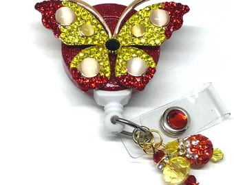Bobine de badge rétractable papillon strass, support d'identification bling