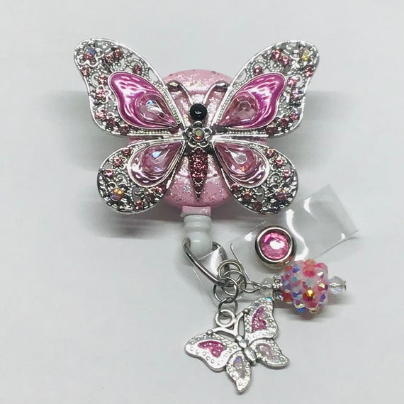 Pink Rhinestone Butterfly; Retractable Badge Holder Nurse, Retractable Reel, ID Badge Reel ID Badge Clip Badge Lanyard Bling Badge Reel