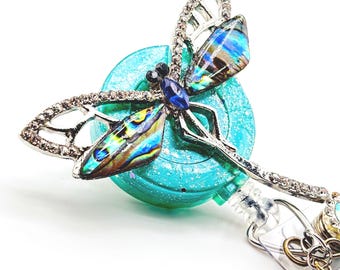 Libelle versenkbare Abzeichen Reel, Teal, Strass Bling ID Halter
