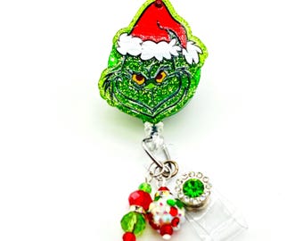 Grinch Weihnachten einziehbare Rolle, grün Glitter, Urlaub ID-Clip