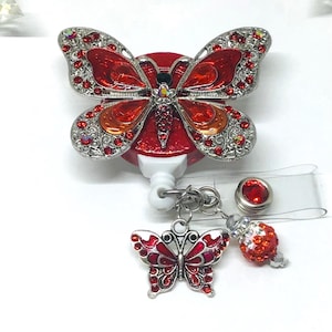 Red Rhinestone Butterfly, Retractable Badge Holder Nurse, Retractable Reel, ID Badge Reel,  ID Badge Clip, Badge Lanyard, Bling Badge Reel