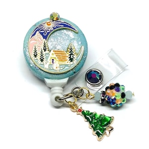 Winter Wonderland Retractable Badge Holder: Cabin & Evergreen Tree Charm,  Nurse Teacher ID Holder, Bling Badge Lanyard