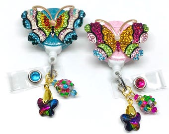Bobine de badge rétractable papillon strass, support d'identification bling