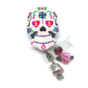 Halloween Skull, Day of Dead; Retractable Badge Holder Nurse, Retractable Reel ID Badge Reel, Bling Badge Reel ID Badge Clip Badge Lanyard