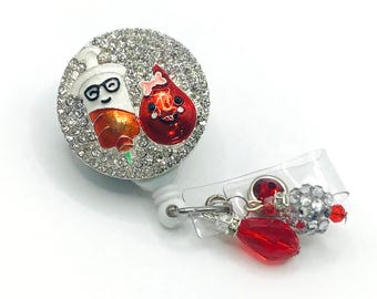 Phlebotomist Retractable Badge Reel, Bling Medical ID Holder, Syringe and Blood Drop