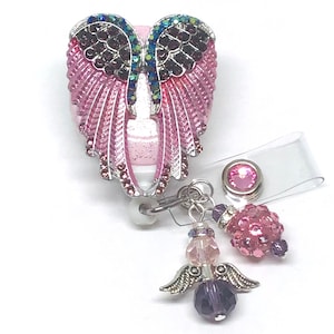 Alas de ángel, rosa morada, portatarjetas retráctil para enfermera, carrete retráctil para credencial de identificación, clip para credencial de identificación, cordón para credencial, carrete para credencial brillante