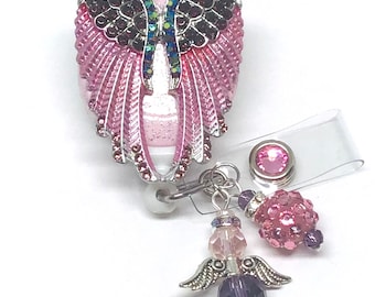 Alas de ángel, rosa morada, portatarjetas retráctil para enfermera, carrete retráctil para credencial de identificación, clip para credencial de identificación, cordón para credencial, carrete para credencial brillante