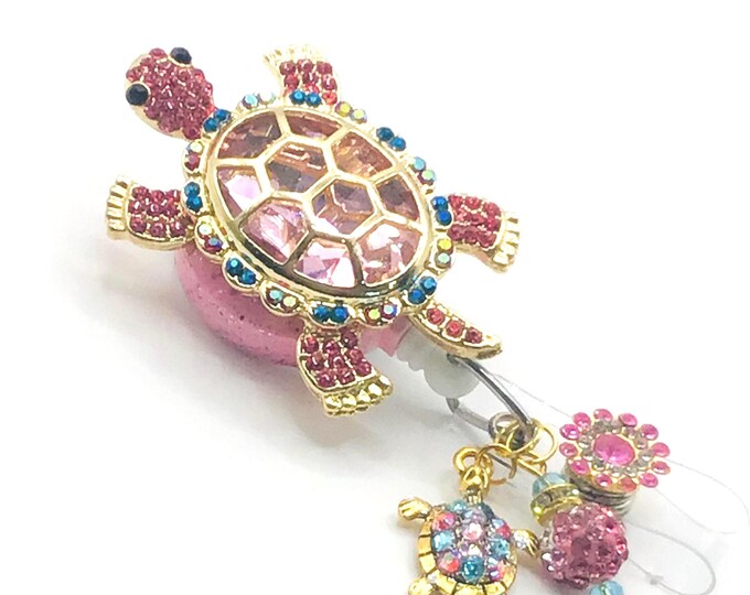 Turtle Shell Bling Pink Rhinestone Turtle Retractable Badge Reel, Bling ID Holder - Etsy