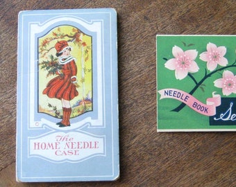 Lot Antique Sewing: Home Needle Case/Girl w/ Holly Graphic + Floral Sewing Basket Needles w/ Cellophane Advert Sleeve + Sweet Pinholder
