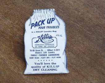 Rare/Collectible Laundry-Bag Shape Killip Dry Cleaning Needle Folder + Figural Red Owl Grocery Needle Book; Midcentury Promos
