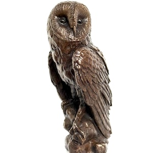 Könnte beinhalten: Eine bronzefarbene Eulen-Skulptur. Die Eule sitzt auf einem Felsen, mit detaillierten Federn und einem fokussierten Blick. Die Skulptur hat eine strukturierte Oberfläche und ist vor einem weißen Hintergrund platziert. Es ist ein dekorativer Artikel.