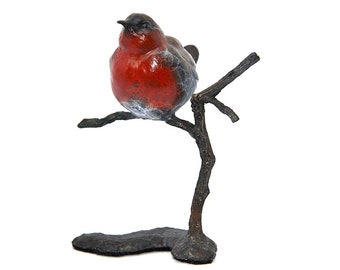 Petirrojo en rama de bronce macizo fundido en caliente con múltiples patinas