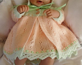 Girl's pdf Knitting Pattern 4 Piece Outfit in all 3 sizes - Prem Baby 16/18" Doll, Newborn Baby 18/20" Doll, 0-3 Month Baby 20/22" Doll -MIA