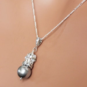 Rhinestone Pearl Drop Wedding Necklace, Light Gray Pearl Drop Bridal Necklace, Pearl Pendant, Bridesmaids Jewelry Gift