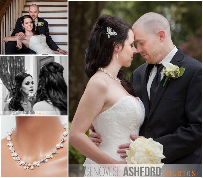 Cluster Wedding Necklace, White Pearls and Rhinestone Bridal Necklace, Mother of the shops Bride, Chunky Cluster Wedding Jewelry