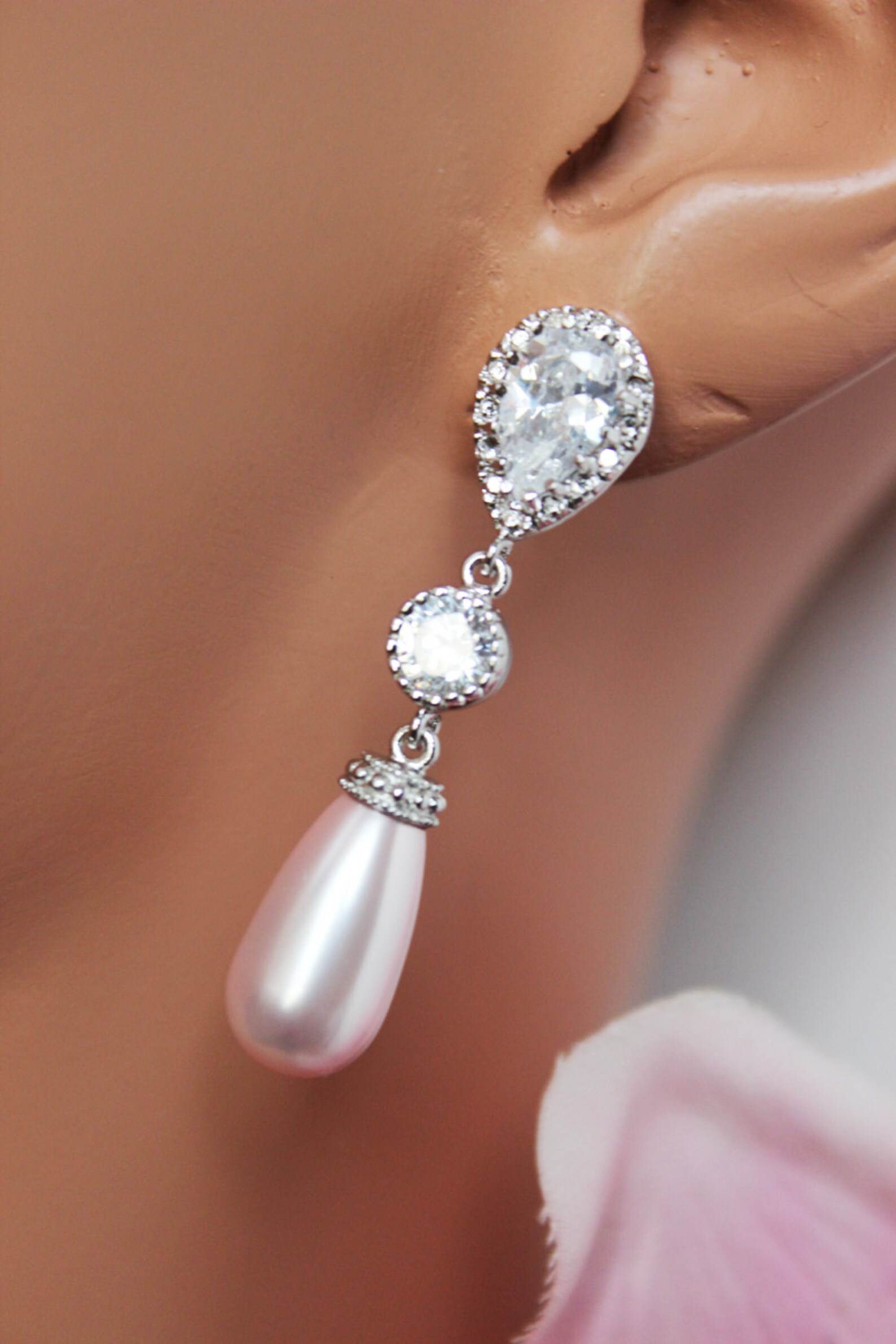 Pink Pearl Drop Wedding Earrings Crystal Pearl Drop Bridal Etsy