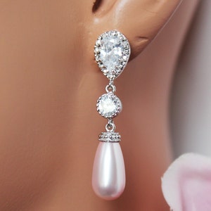 Pink Pearl Drop Wedding Earrings, Crystal Pearl Drop Bridal Earrings, Bridesmaid Pearl Earrings, Mother of the Bride