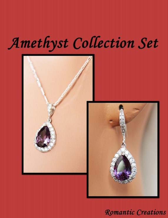 Purple Crystal Drop Wedding Earrings and Necklace Set Bridal Etsy