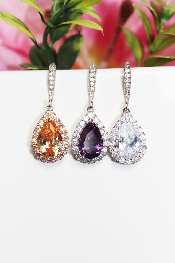 Purple Crystal Drop Wedding Earrings and Necklace Set Bridal Etsy