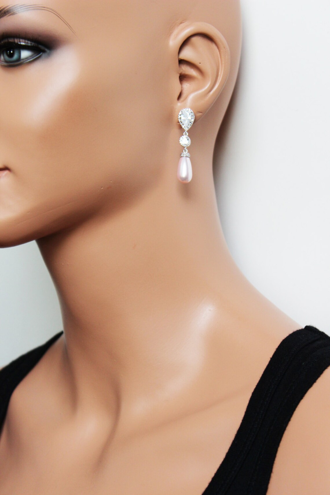 Pink Pearl Drop Wedding Earrings Crystal Pearl Drop Bridal Etsy