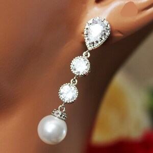 Long Crystal Drop Wedding Earrings, Pearl Drop Bridal Earrings, Rhinestone Bridesmaid Earrings, Mother of the Bride, Bridal Accessories