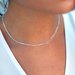 Sterling Silver Chain Necklace, Double Chain Necklace, Dainty Silver Choker, Double Layered Choker, Layered Necklace, Satellite Chain Choker