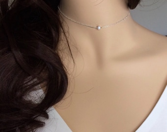 Freshwater Pearl Choker, Dainty Pearl Choker, Gold Chain Choker, Everyday Jewelry, Bridal Jewelry, Bridesmaid Necklace, UK Seller