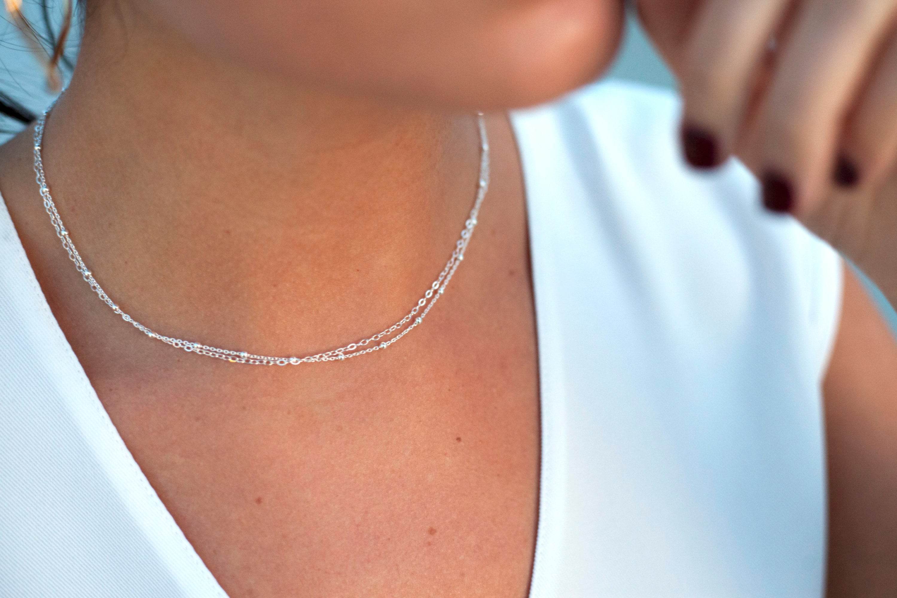 Sterling Silver Double Chain Choker: Dainty Layered Necklace