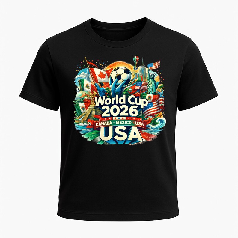 Puede incluir: Camiseta negra con un gr&aacute;fico colorido para la Copa Mundial de 2026, organizada por Canad&aacute;, M&eacute;xico y EE. UU. El dise&ntilde;o incluye un bal&oacute;n de f&uacute;tbol, banderas y monumentos de los tres pa&iacute;ses anfitriones. El texto "World Cup 2026" y "USA" se muestran de forma destacada.